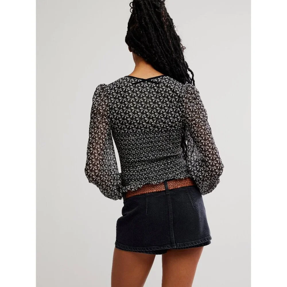 Free People Black Floral Mesh Puff Sleeve Top